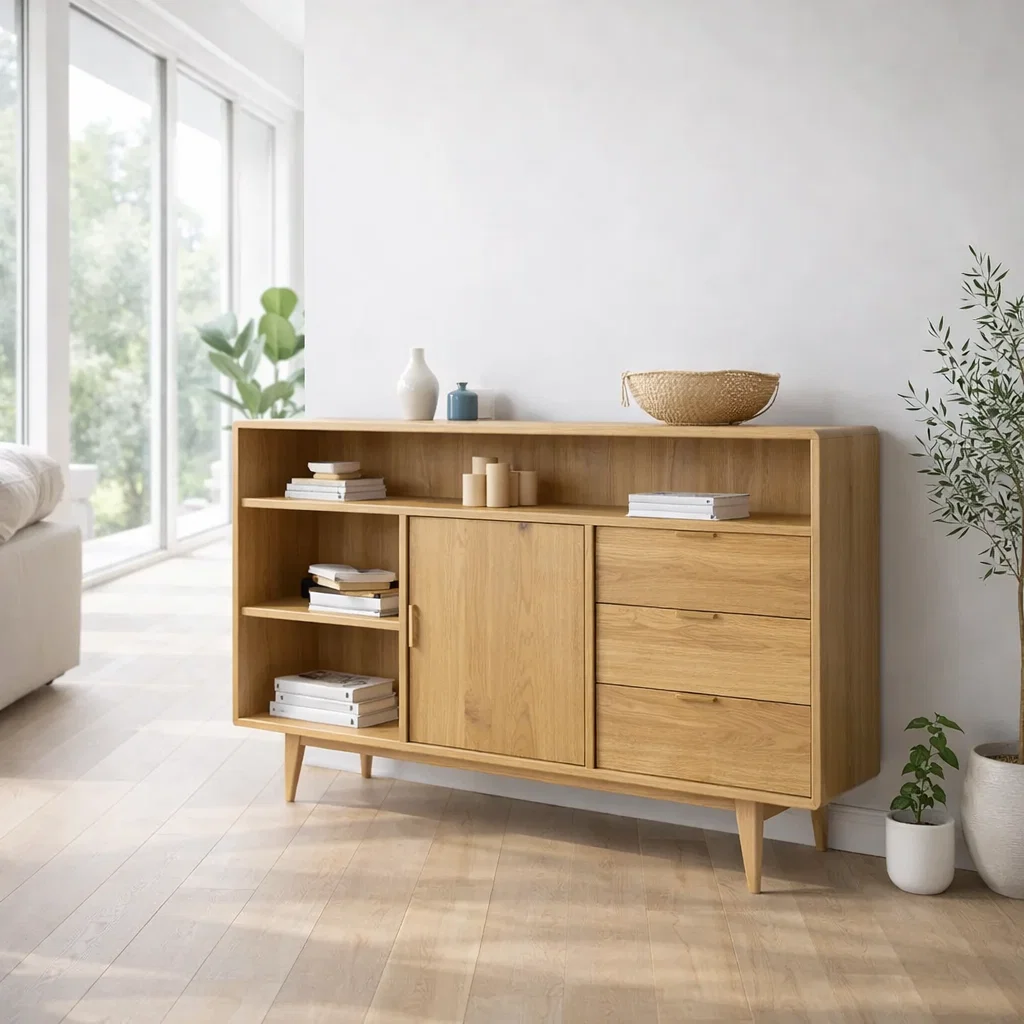 Solid Wood Sideboard Console with Drawers & Shelves – Modern Storage Cabinet