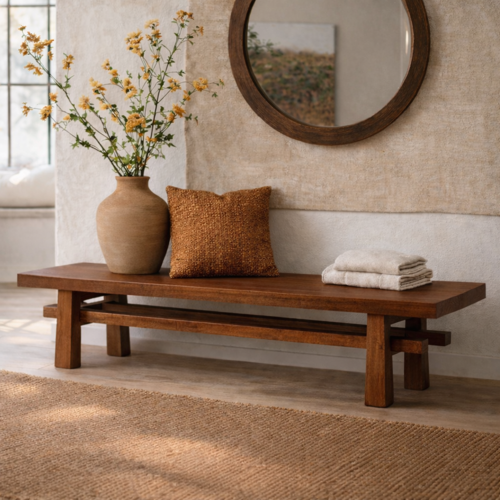 Rustic Solid Wood Entryway Bench, Farmhouse Hallway Seating