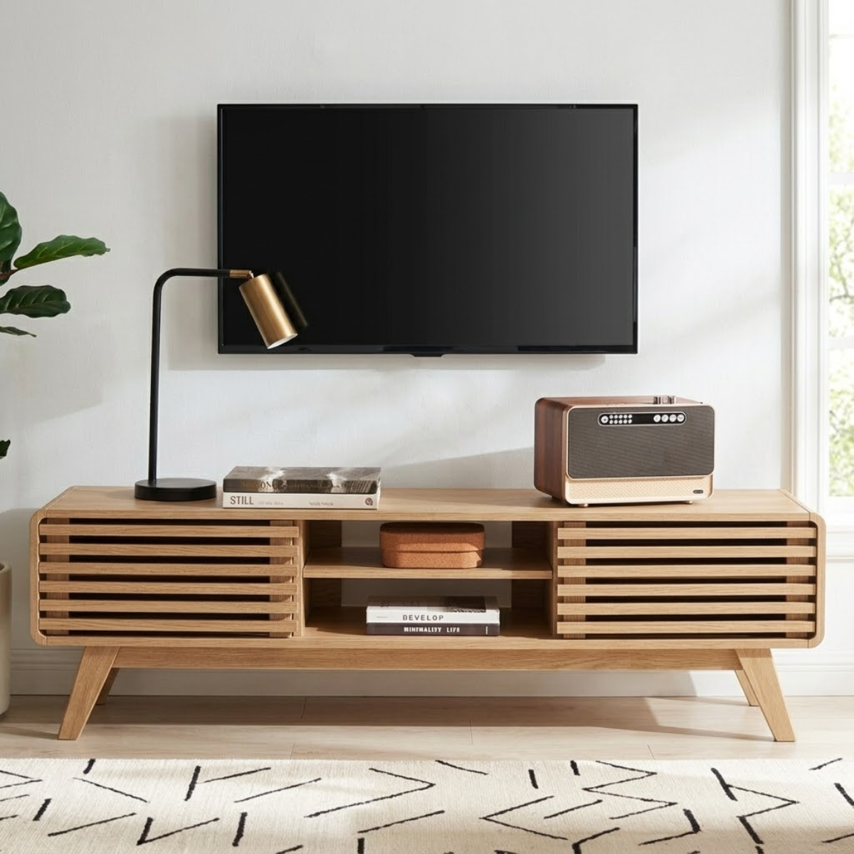 Mid Century Modern TV Stand, Slatted Cabinet Media Console with Storage for Living Room