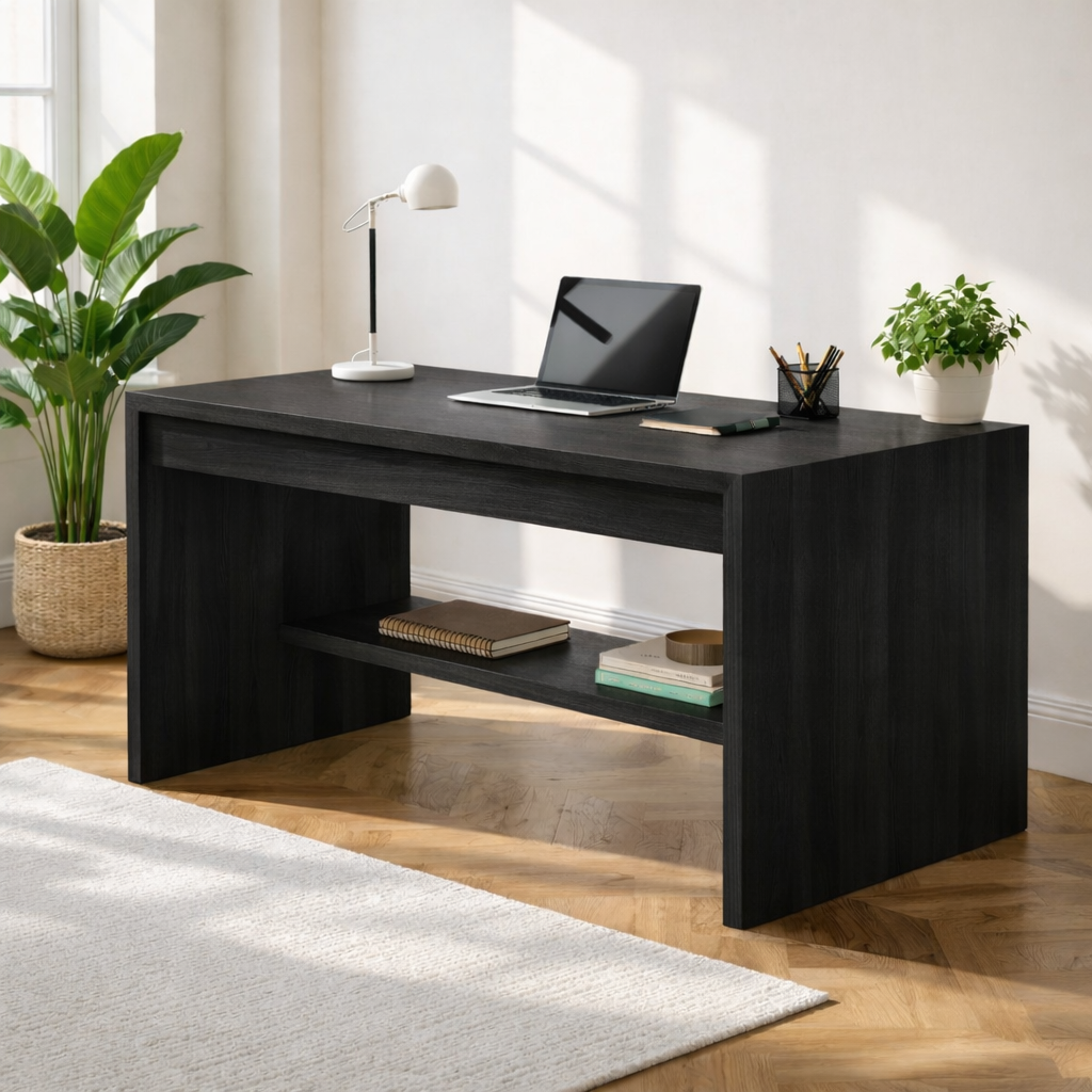 Solid Oak Work Desk with Open Shelf, Handmade Modern Wooden Writing Table