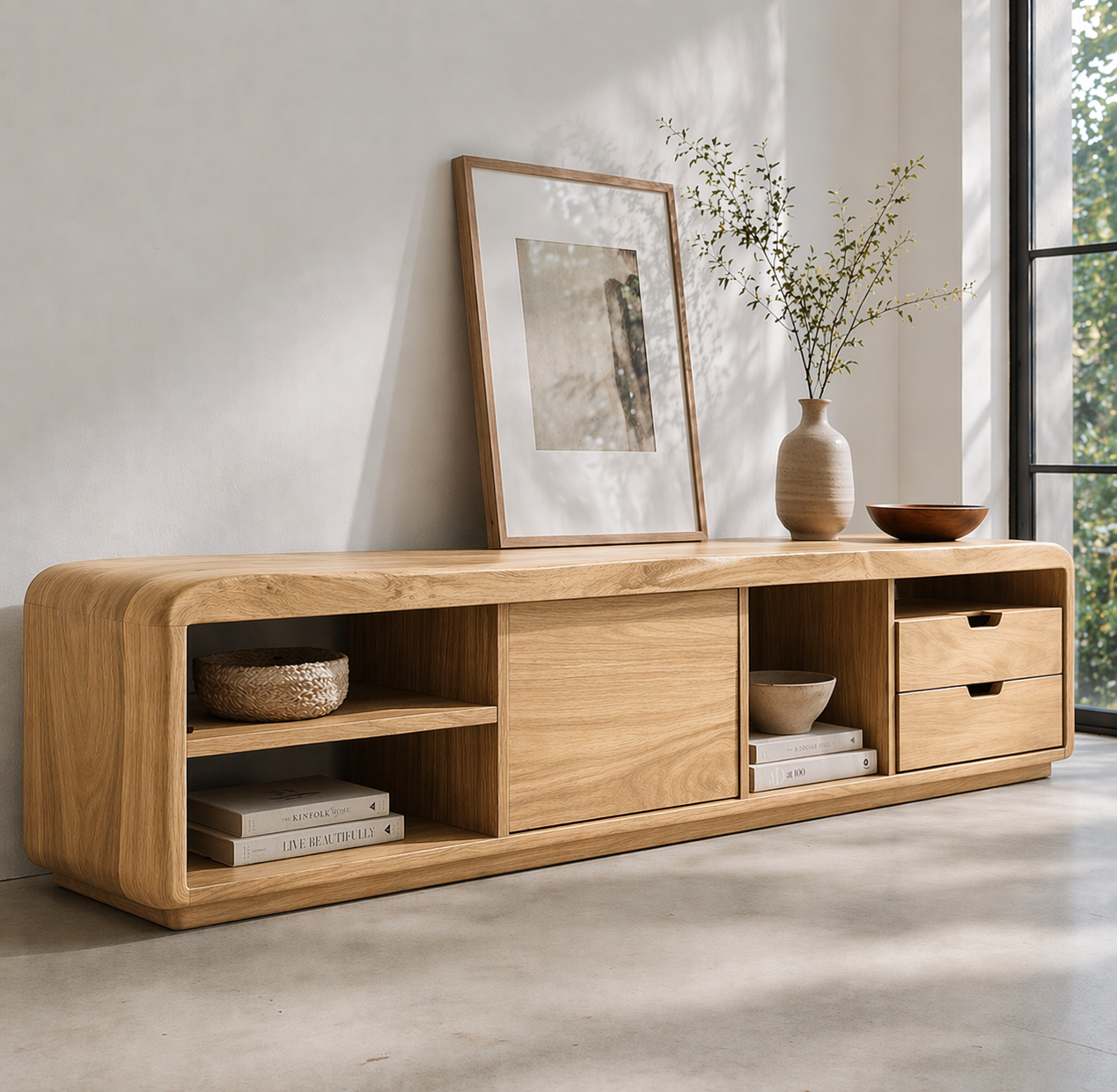 Solid Wood Media Console with Rounded Edges, Modern Low TV Stand with Storage