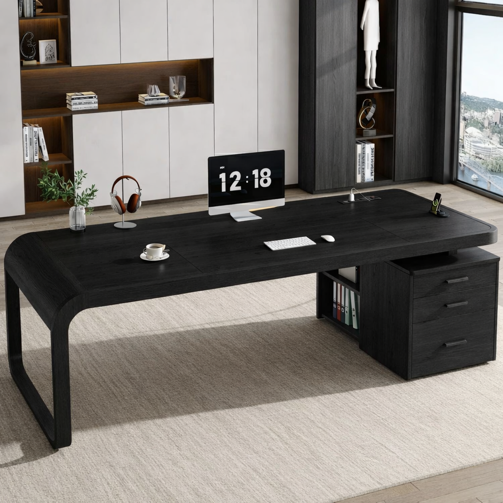 Large Executive Work Desk with Drawers, Modern Office Table, Home Study Computer Writing Desk