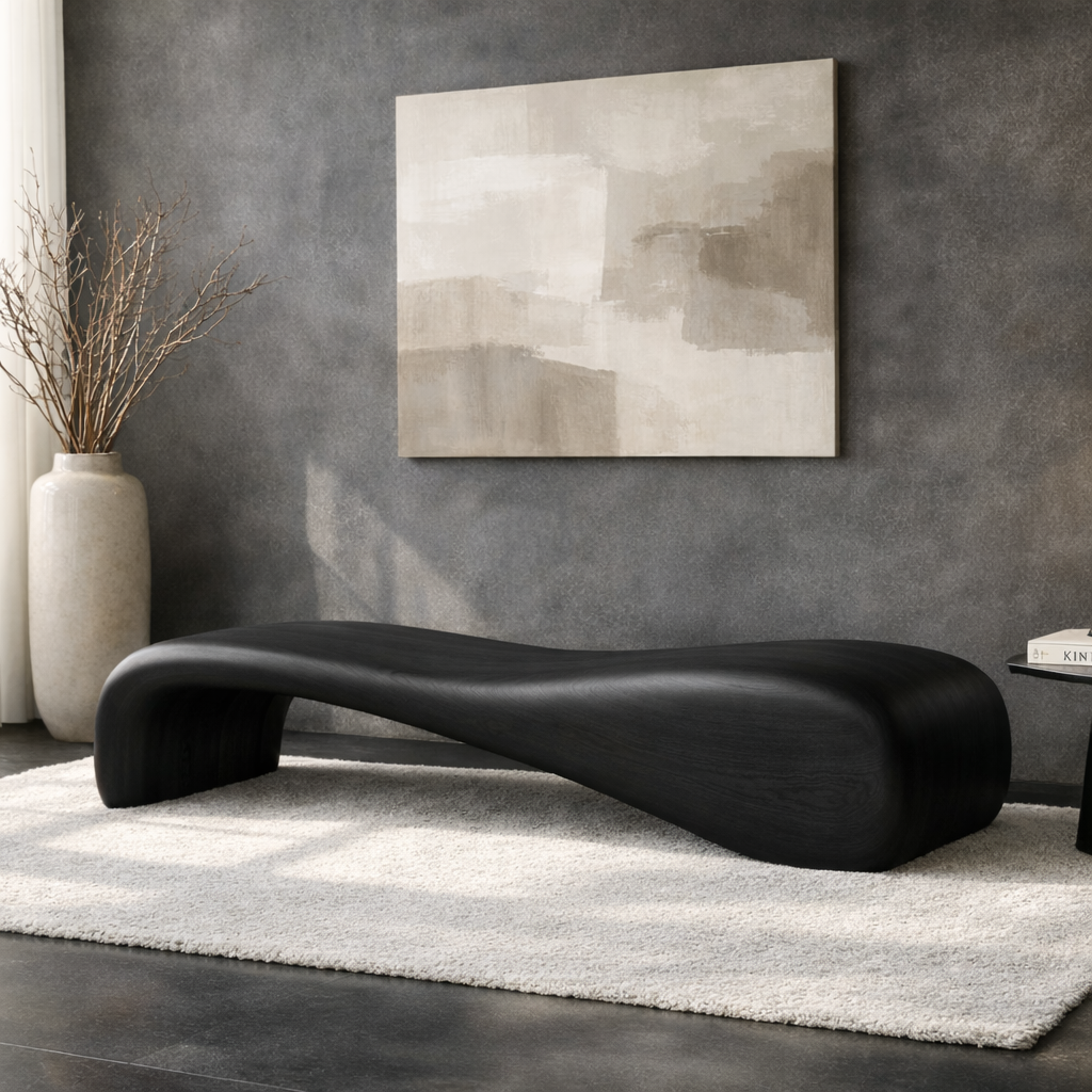 Modern Sculptural Wooden Entryway Bench, Curved Hallway Seating for Luxury Homes