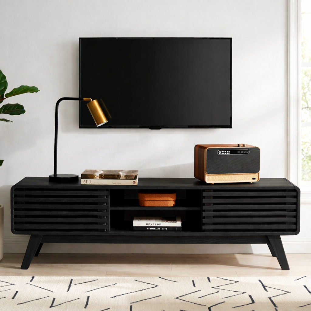 Mid Century Modern TV Stand, Slatted Cabinet Media Console with Storage for Living Room