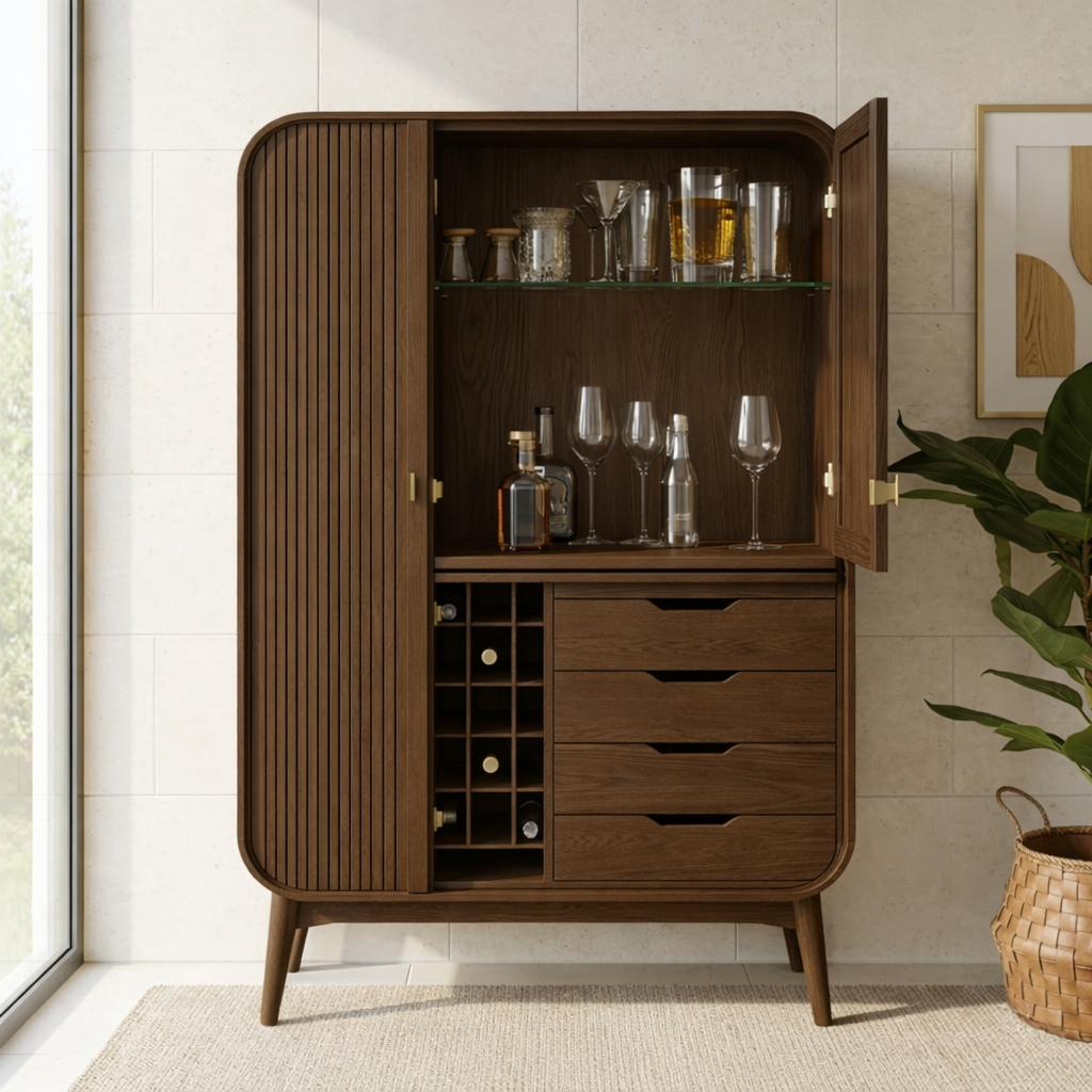 Modern Fluted Bar Cabinet with Wine Rack Drawers and Glass Display Storage