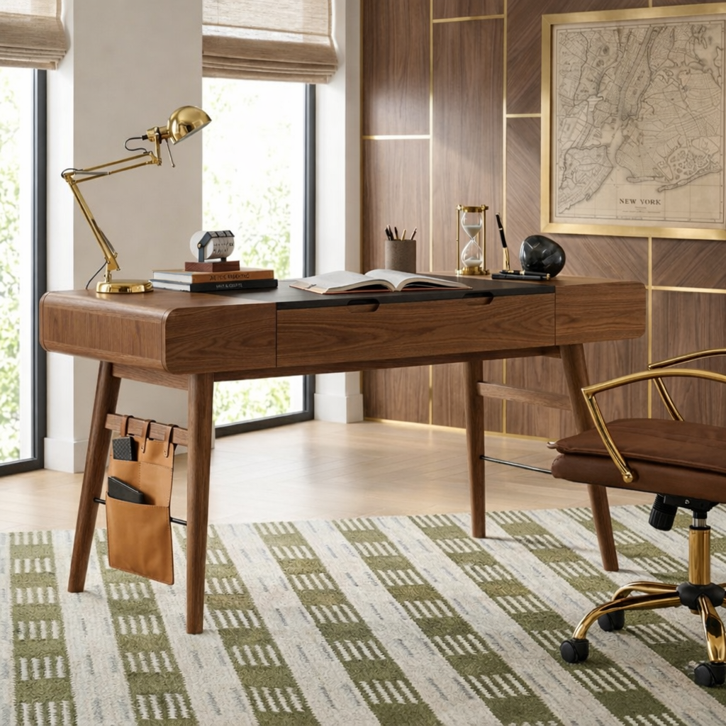 Modern Wooden Work Desk with Drawers and Storage