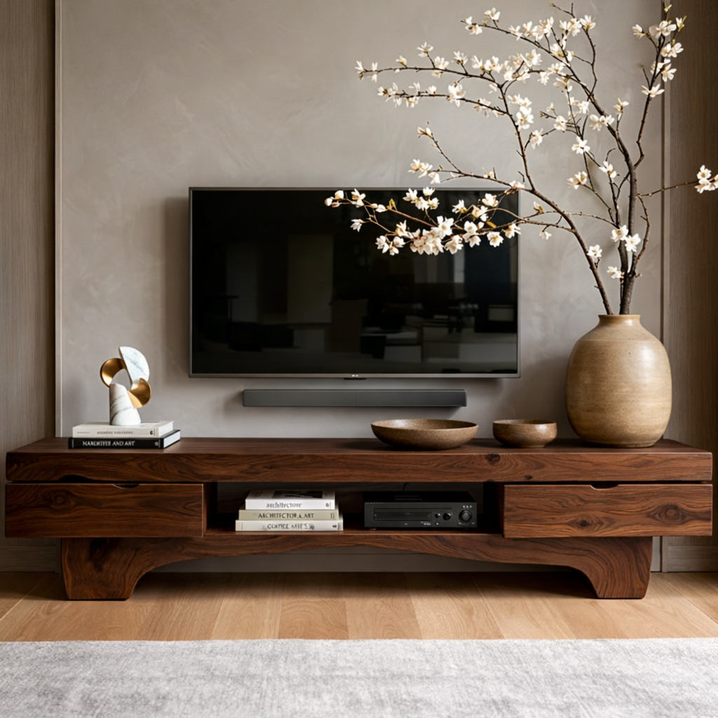 Solid Wood TV Stand with Drawers, Rustic-Modern Media Console Cabinet Centerpiece