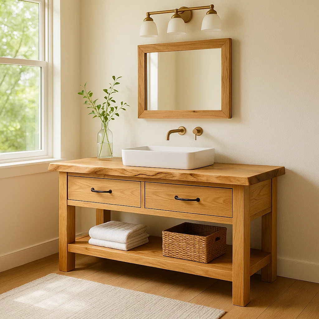 Solid Wood Bathroom Vanity with Drawers and Open Shelf Rustic Farmhouse Vanity