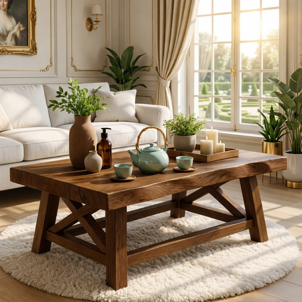 Handcrafted Wooden Coffee Table with X-Shaped Support, Natural Rustic Finish