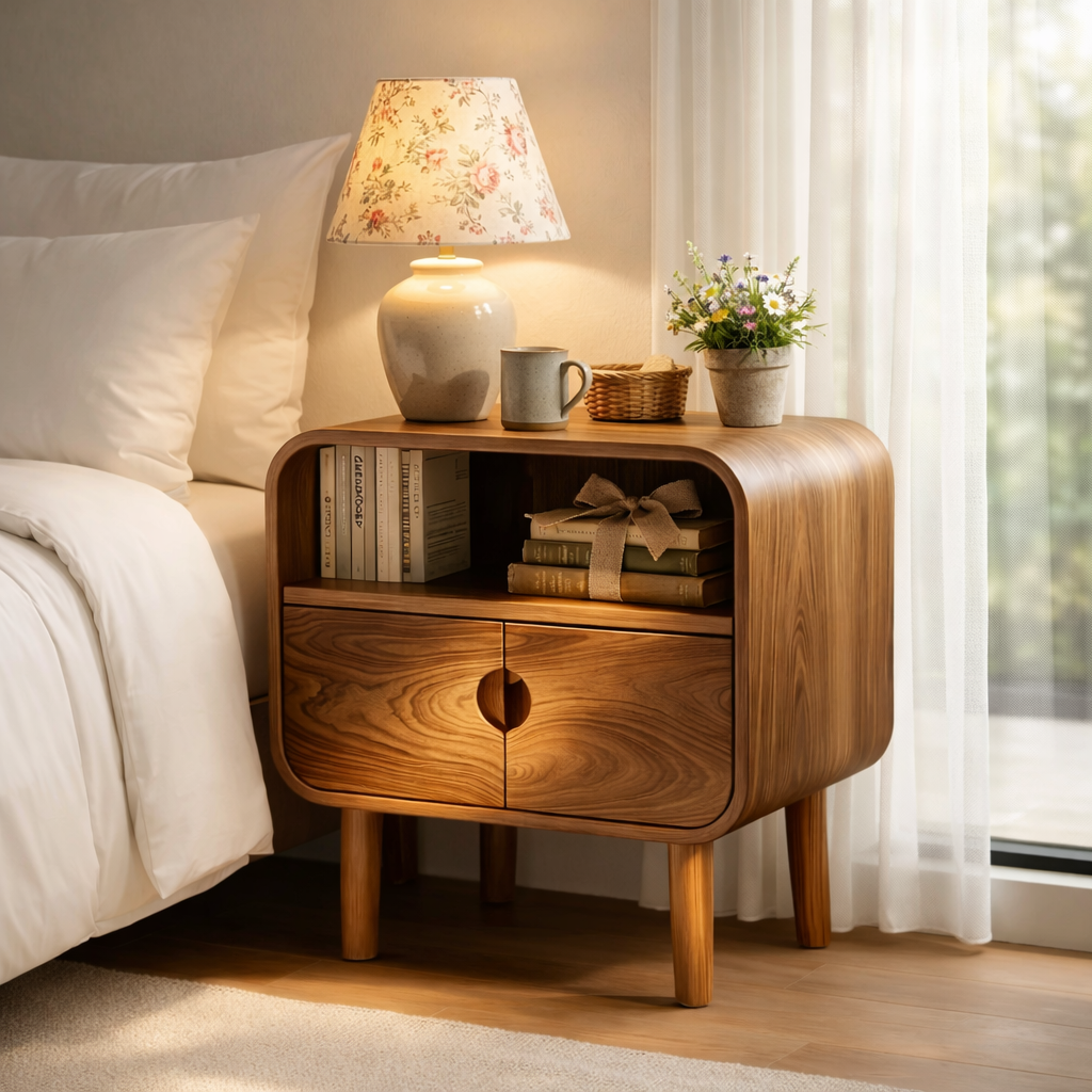 Solid Wood Nightstand with Cabinet Doors & Open Shelf – Modern Bedside Table