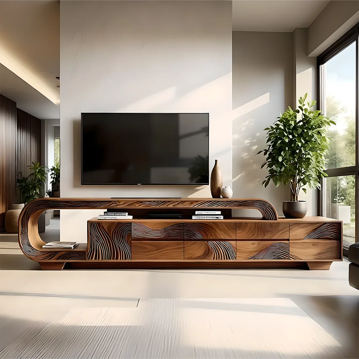 Solid Wood TV Stand Modern Walnut Media Console with Sculptural Curve Design
