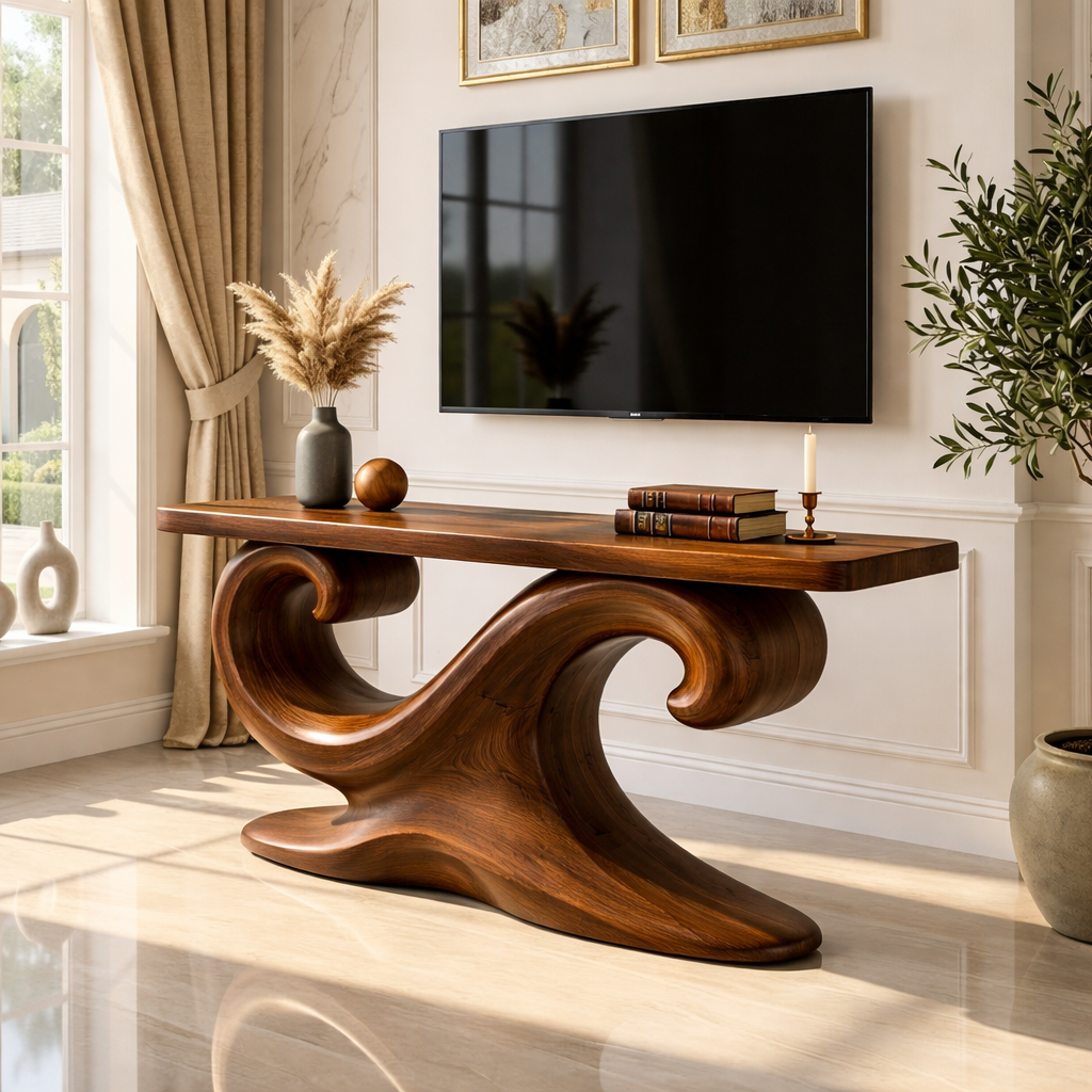 Solid Wood Console Table with Sculpted Curved Base, Artistic Modern Design