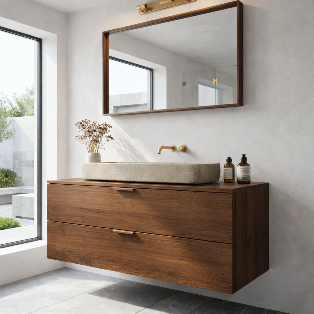 Modern Solid Wood Bathroom Vanity with Floating Drawers and Minimalist Design