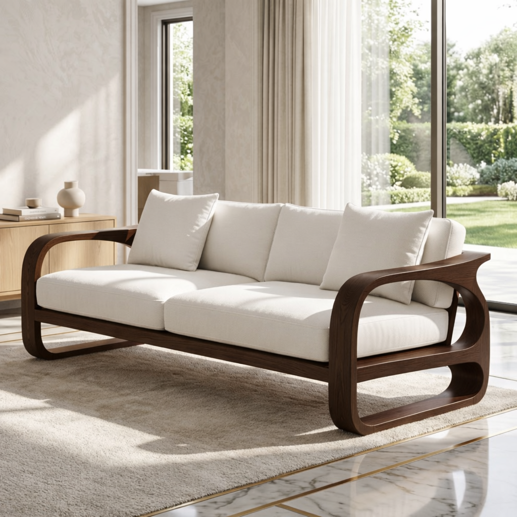 Modern Sculptural Solid Wood Sofa with White Fabric Cushions Luxury Scandi Couch