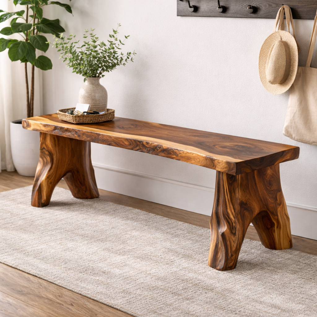 Live Edge Solid Wood Entryway Bench | Organic Design with Unique Legs