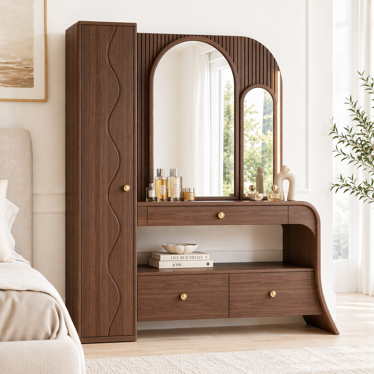 Modern Makeup Vanity Desk With Storage Cabinet Mirror Dressing Table Bedroom Set