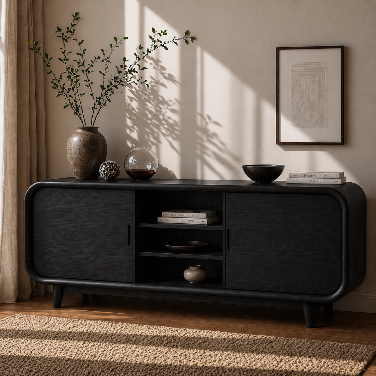 Modern Solid Wood Sideboard Cabinet with Sliding Doors & Open Shelf Storage