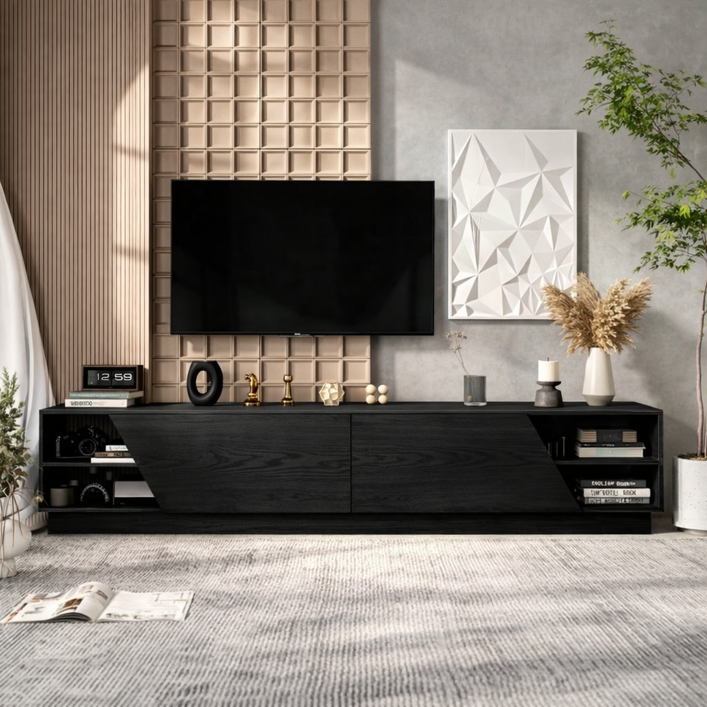 Modern Solid Wood TV Stand Geometric Front Media Console Low Profile Storage Unit