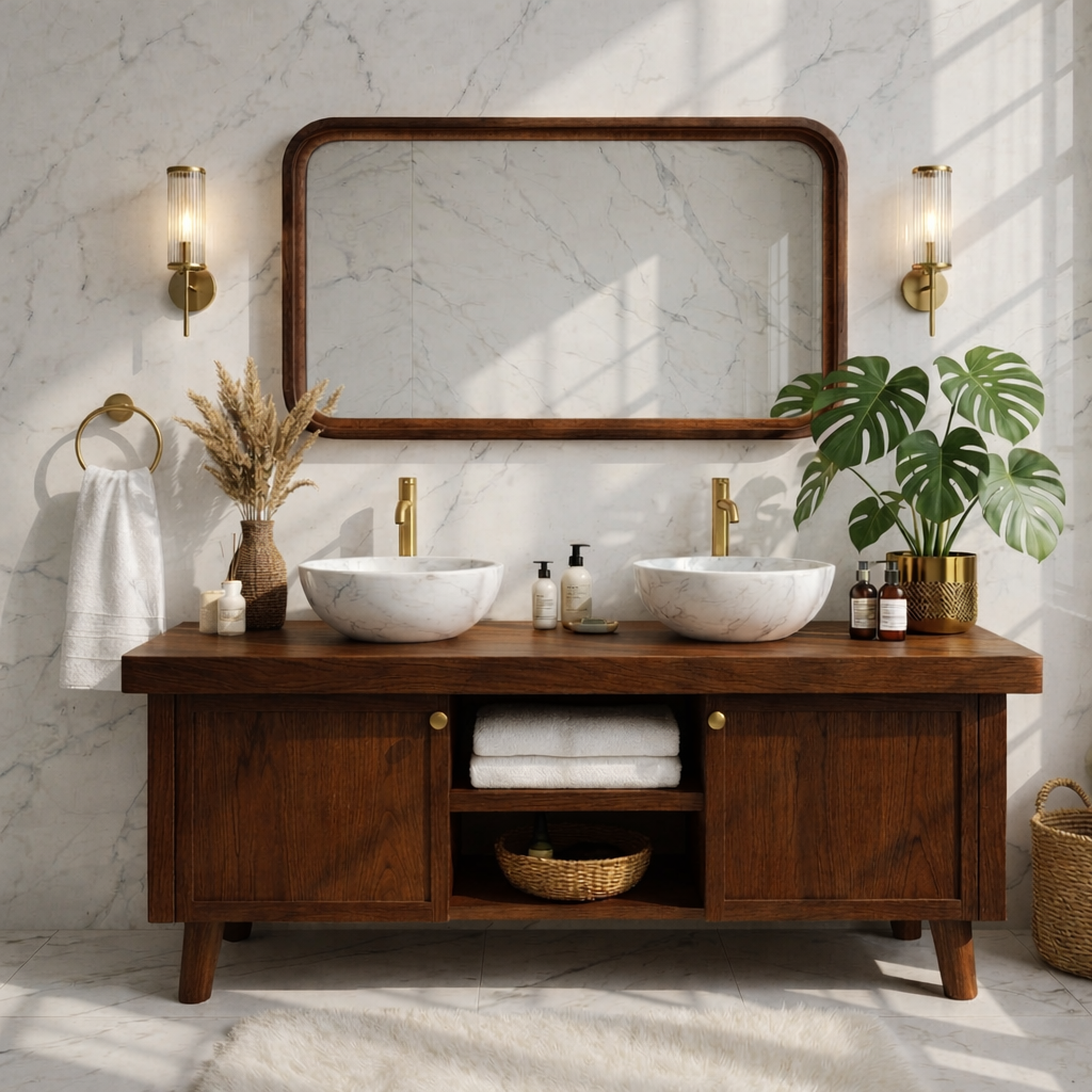 Stylish Wooden Double Sink Bathroom Vanity with Elegant Storage