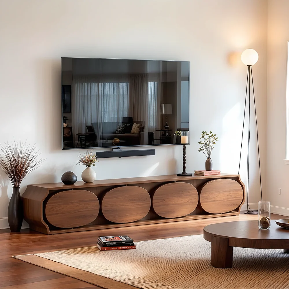 Solid Wood TV Stand Modern Walnut Media Console with Round Panel Doors and Storage
