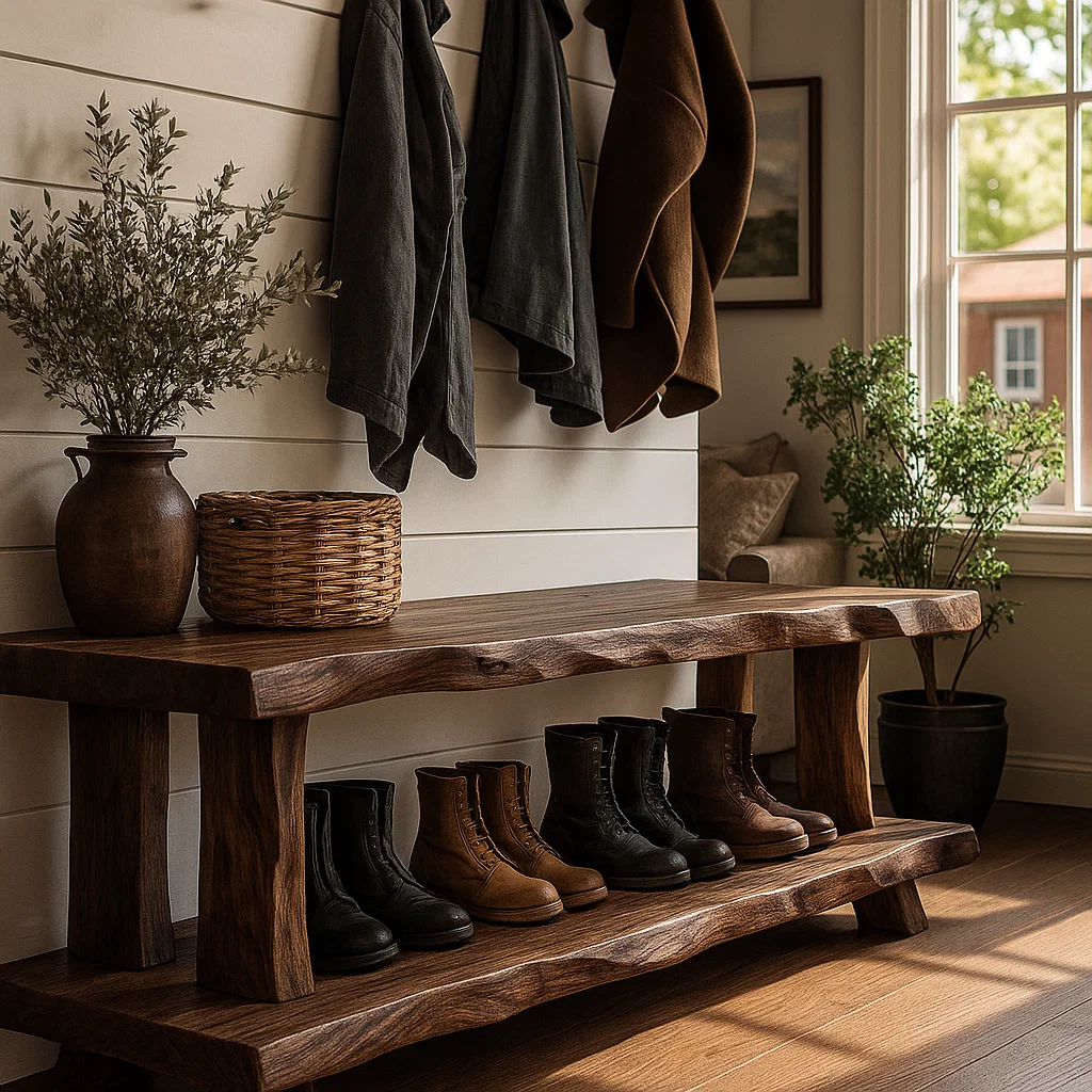 Solid Wood Entryway Bench with Shoe Storage Shelf Rustic Farmhouse Hallway Bench