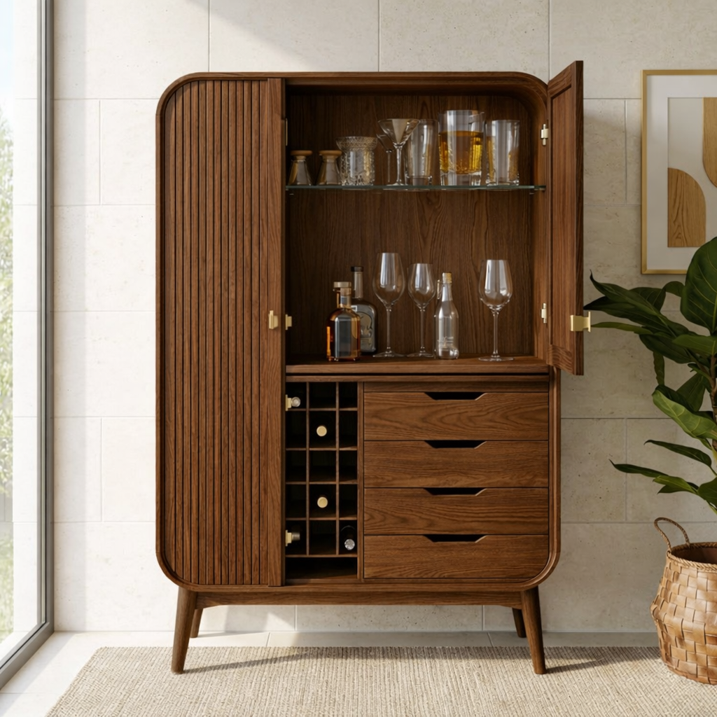 Modern Fluted Bar Cabinet with Wine Rack Drawers and Glass Display Storage
