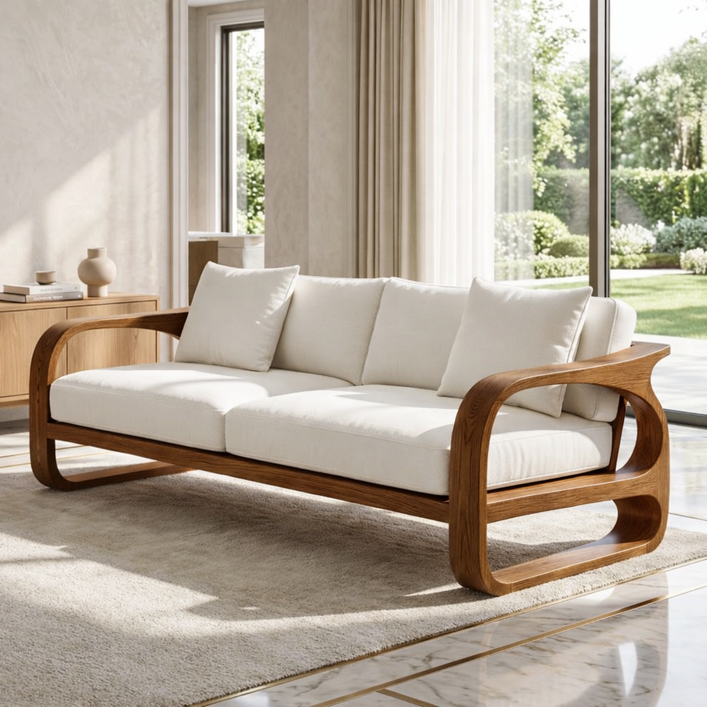 Modern Sculptural Solid Wood Sofa with White Fabric Cushions Luxury Scandi Couch