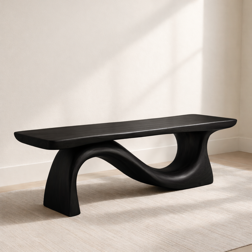 Modern Solid Wood Bench with Curved Base – Handmade Wooden Entryway Bench