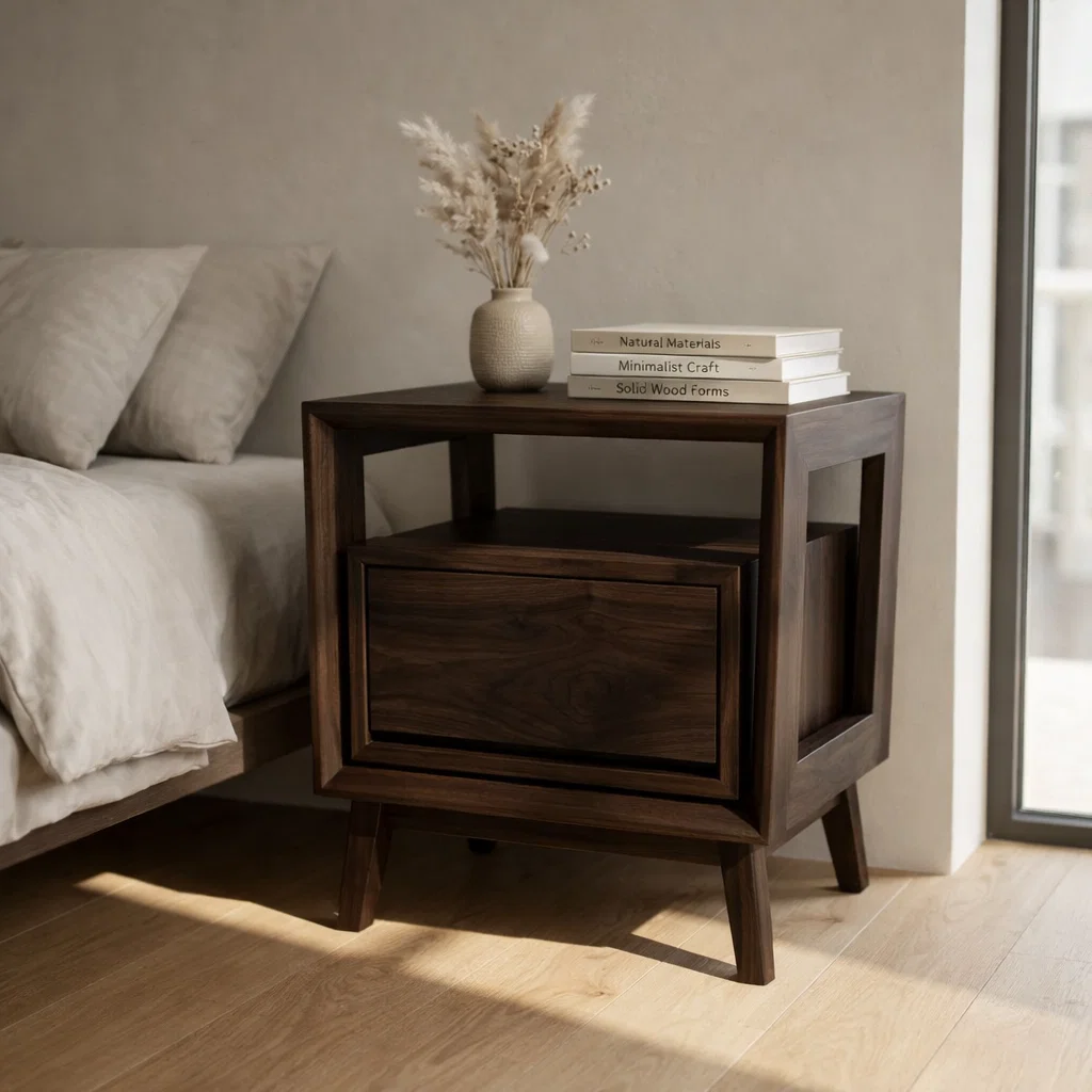 Solid Wood Nightstand - Modern Architectural Bedside Table with Floating Drawer