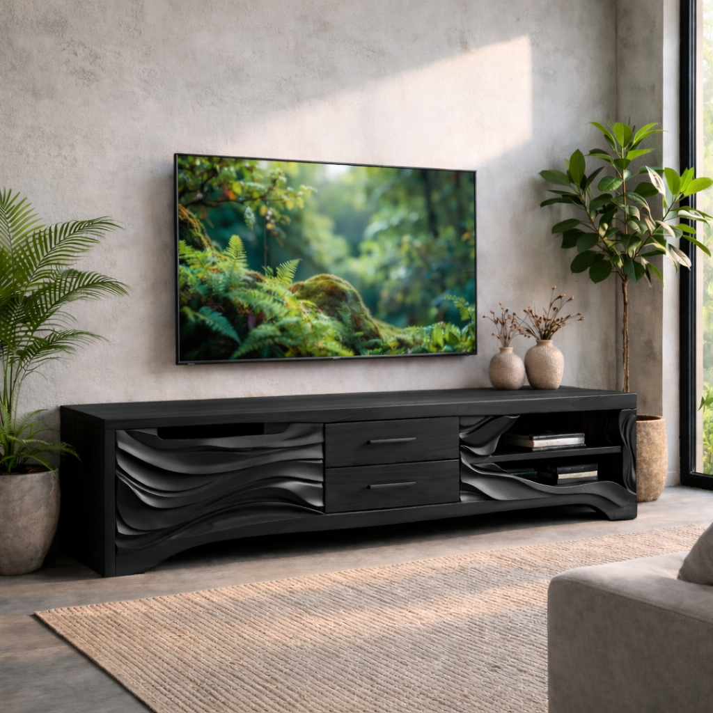 Solid Wood TV Stand with Carved Wave Front – Modern Media Console for Living Room