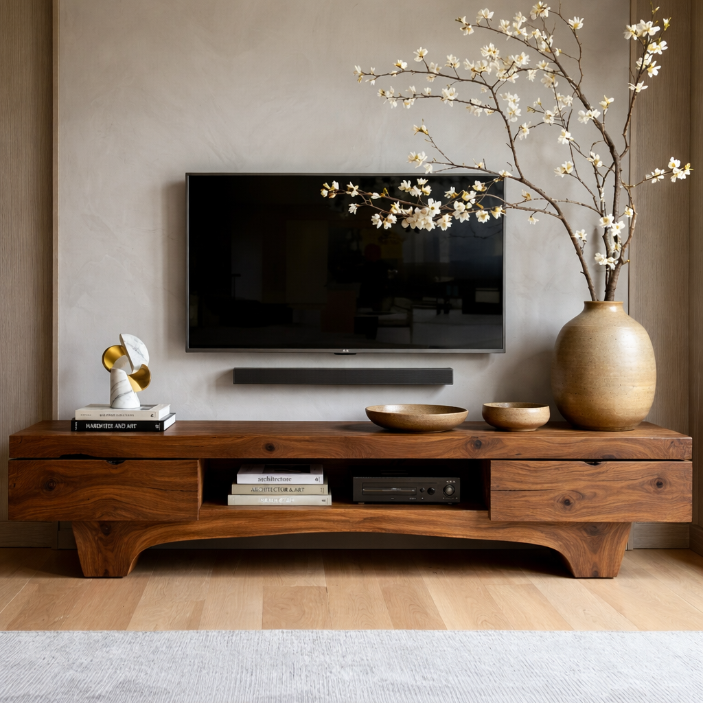 Solid Wood TV Stand with Drawers, Rustic-Modern Media Console Cabinet Centerpiece
