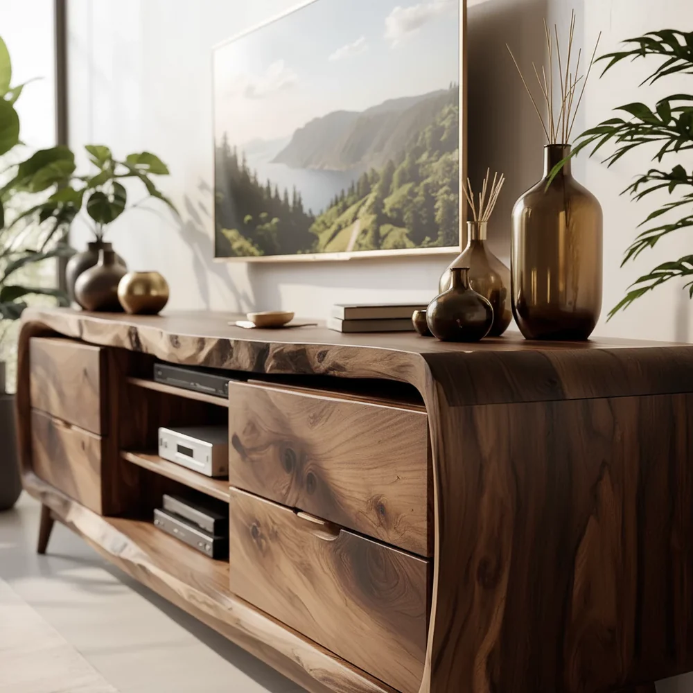 Solid Wood TV Stand Modern Walnut Media Console with Mid Century Design