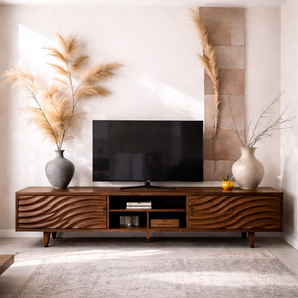 Solid Wood Media Console with Wave Doors – Modern TV Stand Storage Cabinet