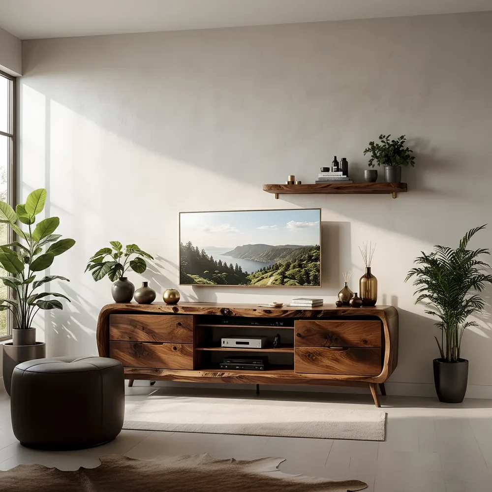 Solid Wood TV Stand Modern Walnut Media Console with Mid Century Design