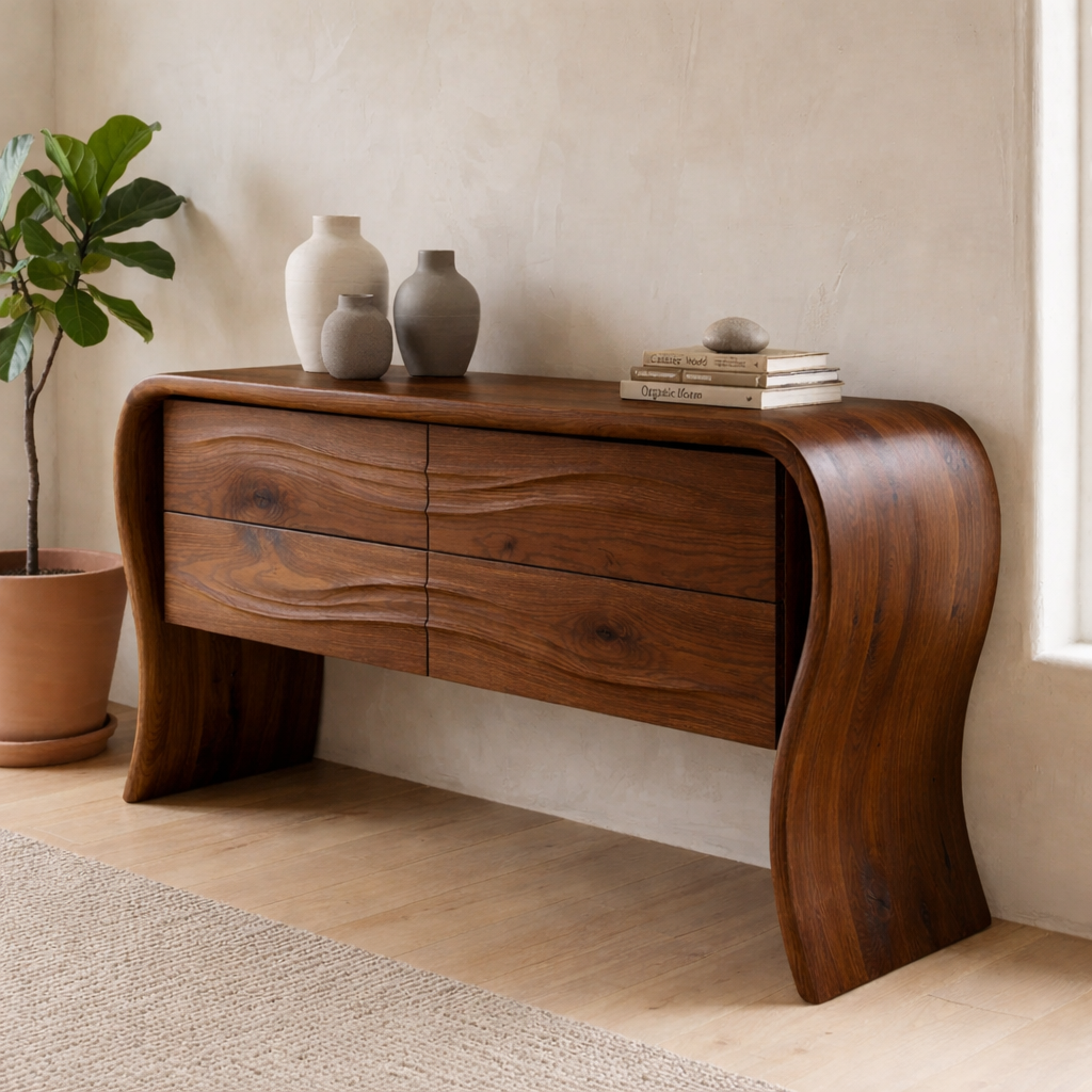 Solid Oak Console Cabinet with Drawers – Modern Curved Wood Entryway Table