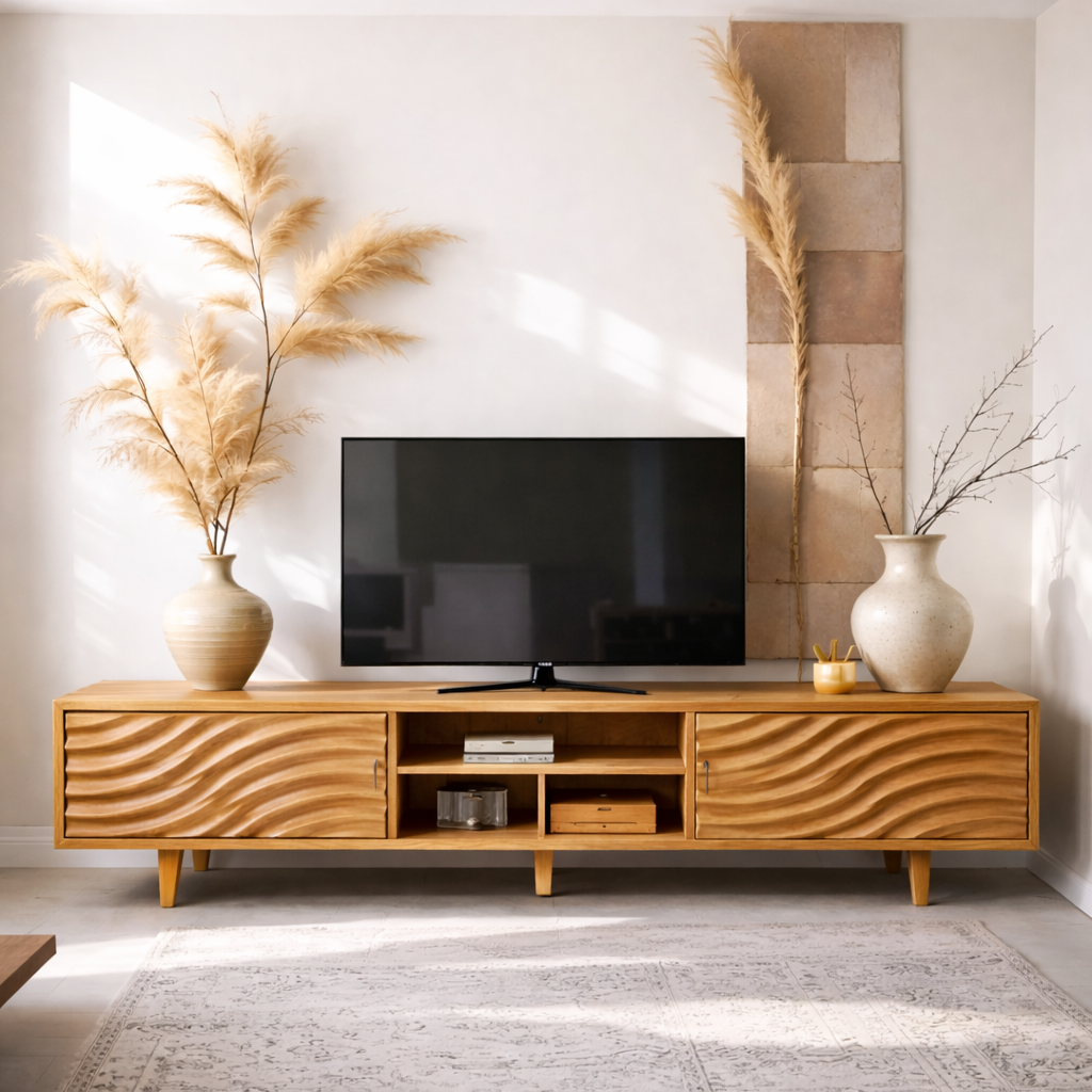 Solid Wood Media Console with Wave Doors – Modern TV Stand Storage Cabinet