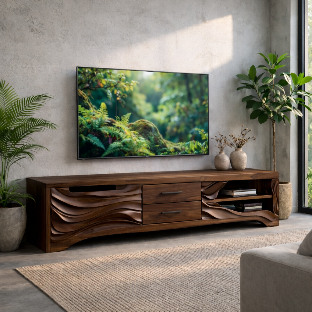 Solid Wood TV Stand with Carved Wave Front – Modern Media Console for Living Room