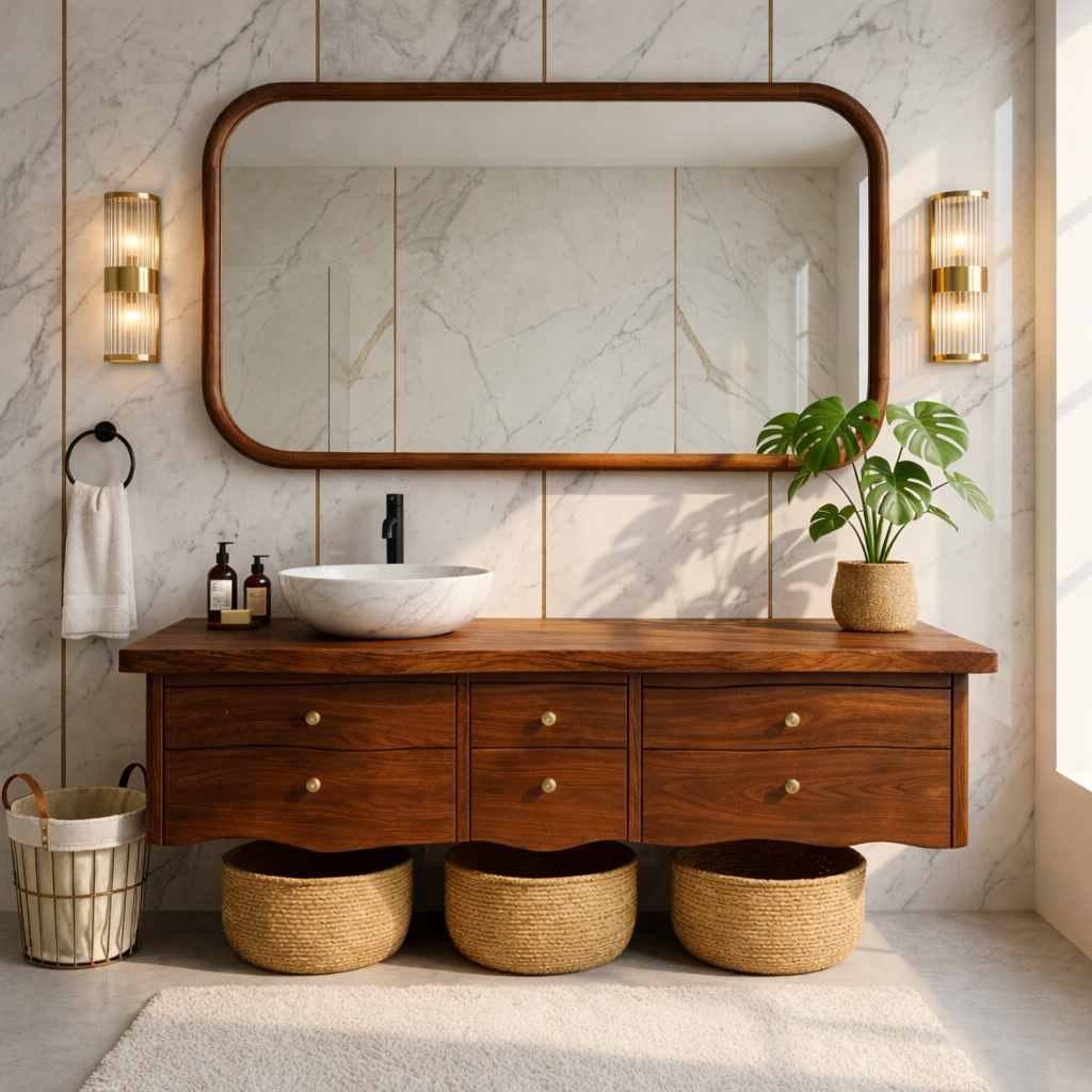 Rustic Double Sink Floating Vanity with Wooden Base and Black Faucets