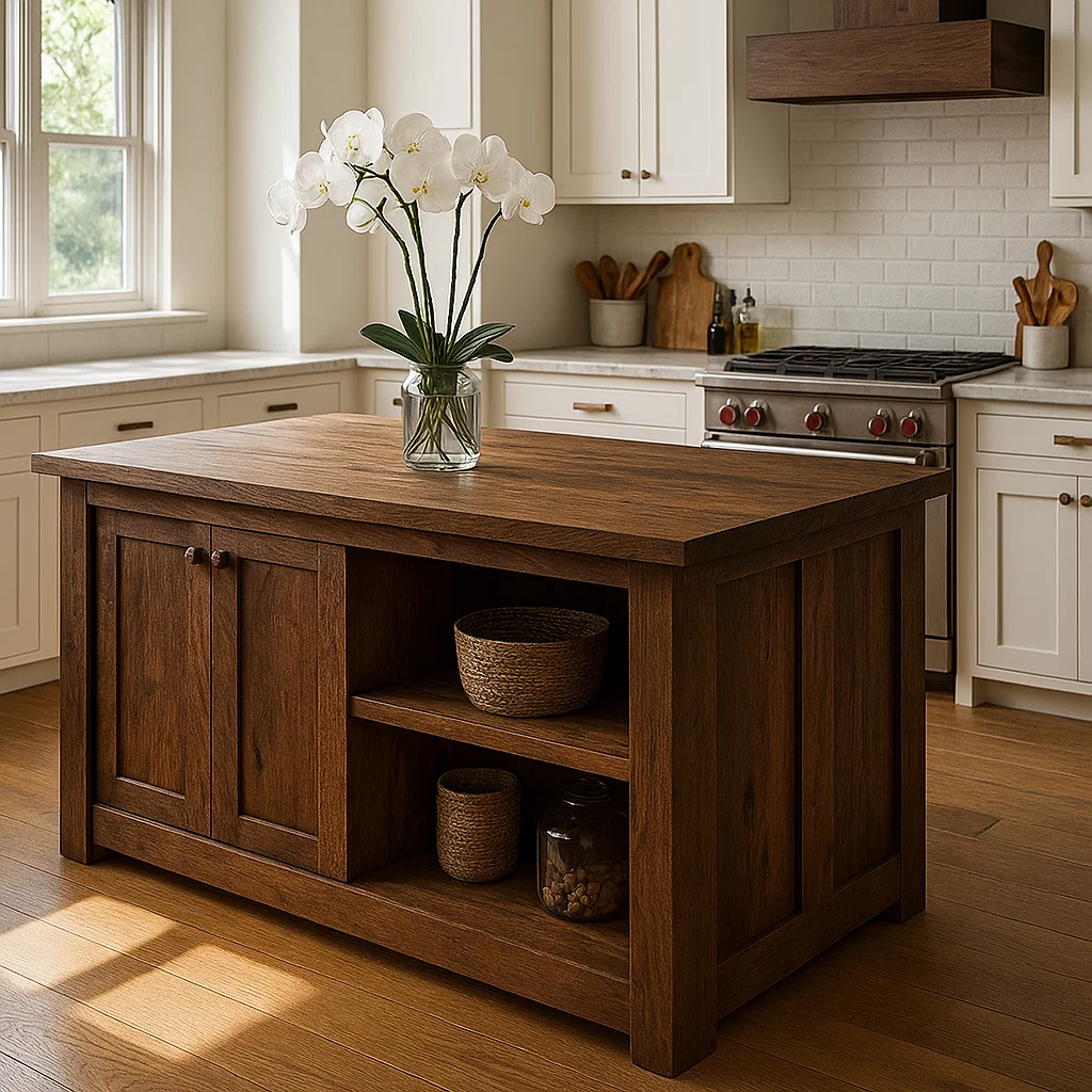 Live Edge Solid Wood Kitchen Island - Rustic Farmhouse Butcher Block Prep Table with Storage