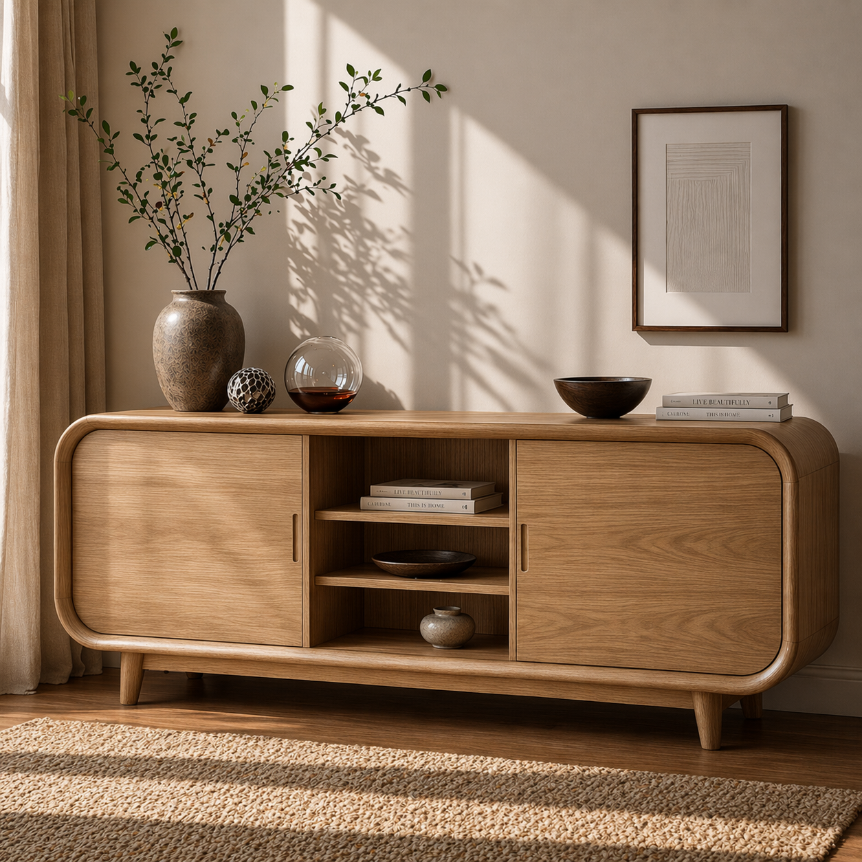 Modern Solid Wood Sideboard Cabinet with Sliding Doors & Open Shelf Storage