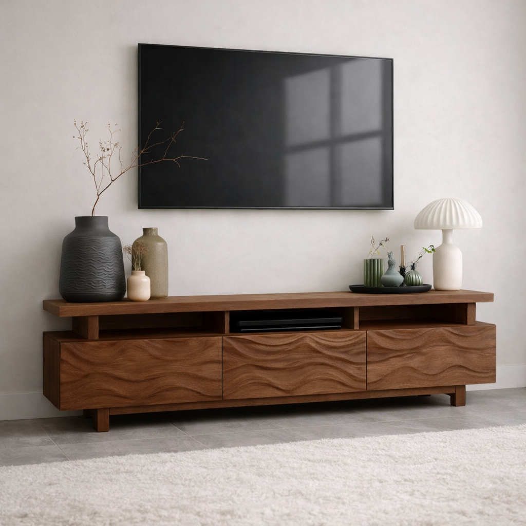 Mid Century Solid Wood TV Stand Long Media Console Modern Entertainment Cabinet