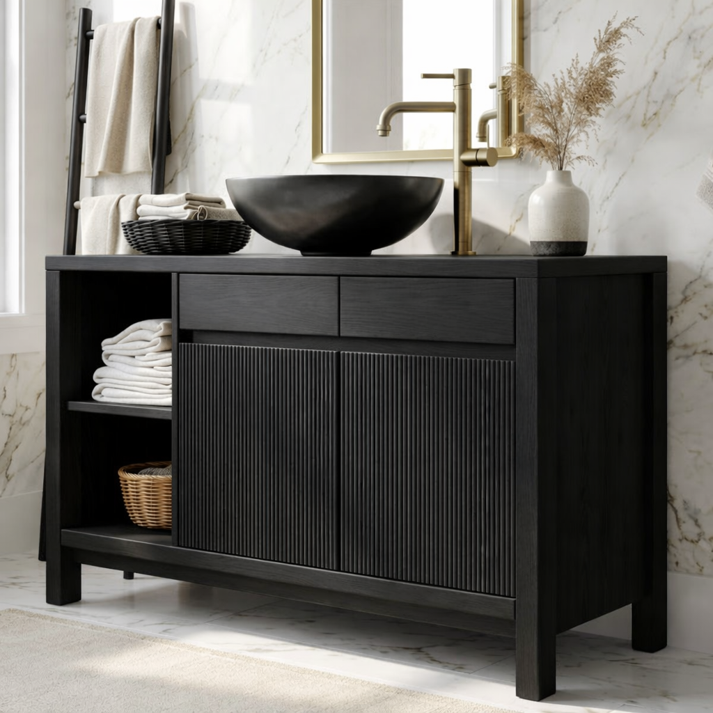 Modern Solid Wood Bathroom Vanity with Fluted Doors and Open Shelf Storage