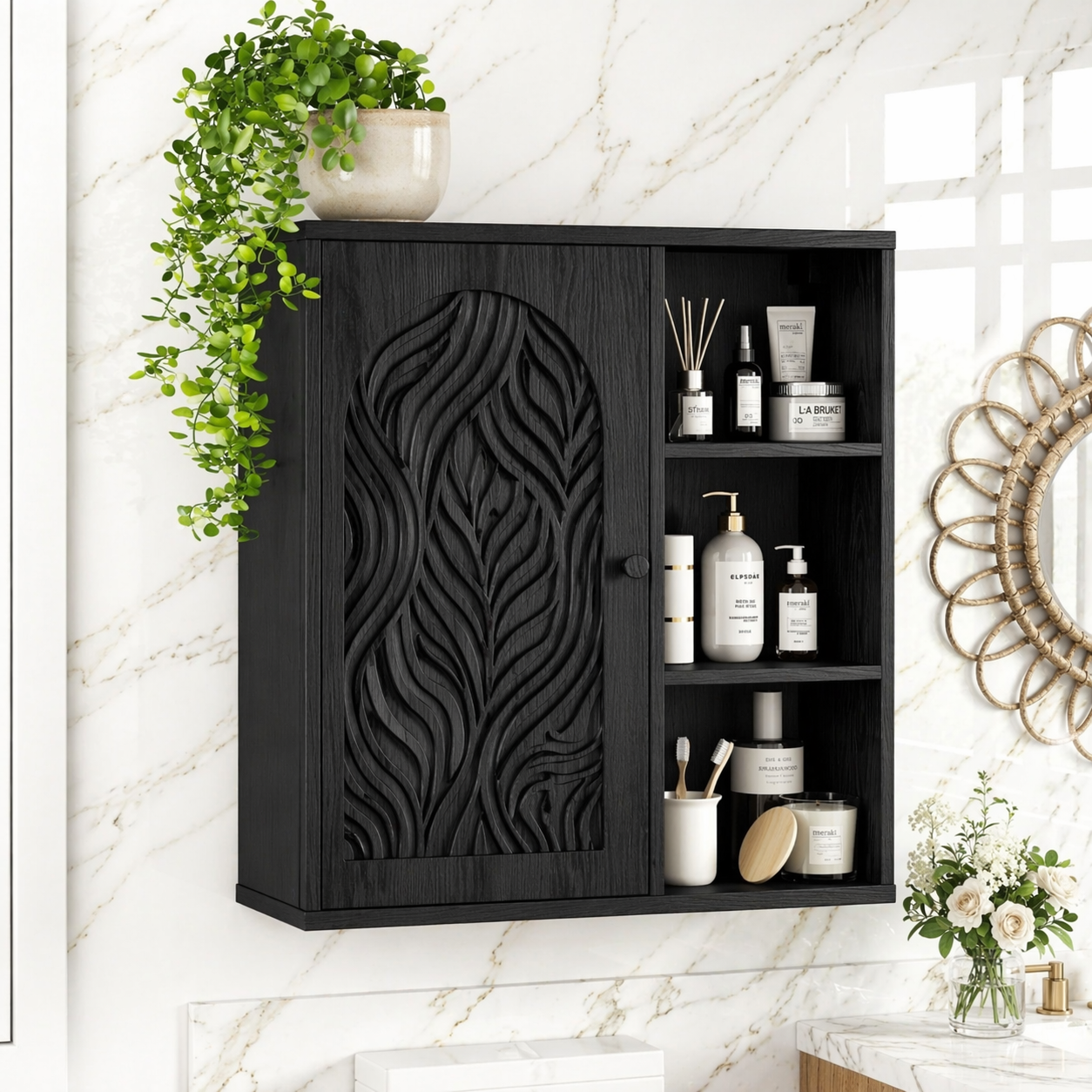 Floating Bathroom Cabinet, Modern Carved Wall Mounted Vanity Storage Organizer Unit
