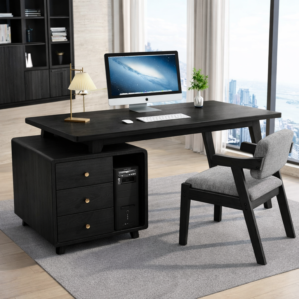 Modern Writing Desk with Drawers and CPU Storage, Home Office Computer Table