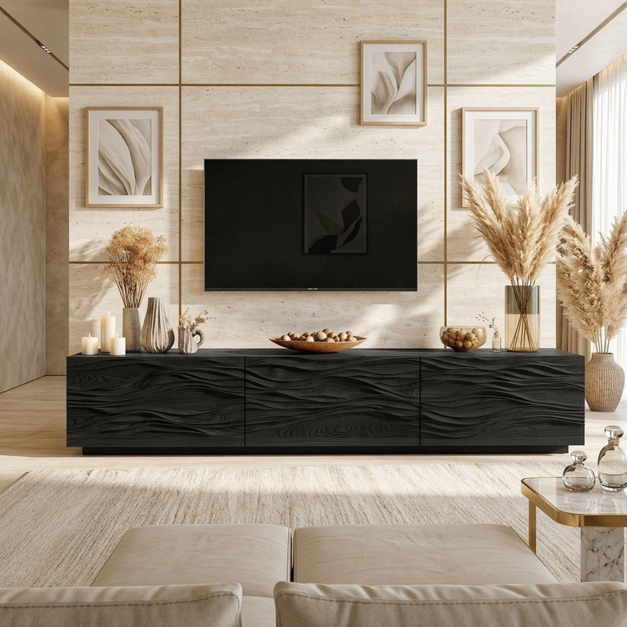 Sculptural Wave Carved TV Console, Modern Entertainment Cabinet for Refined Interiors