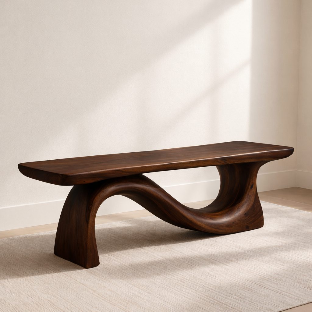 Modern Solid Wood Bench with Curved Base – Handmade Wooden Entryway Bench
