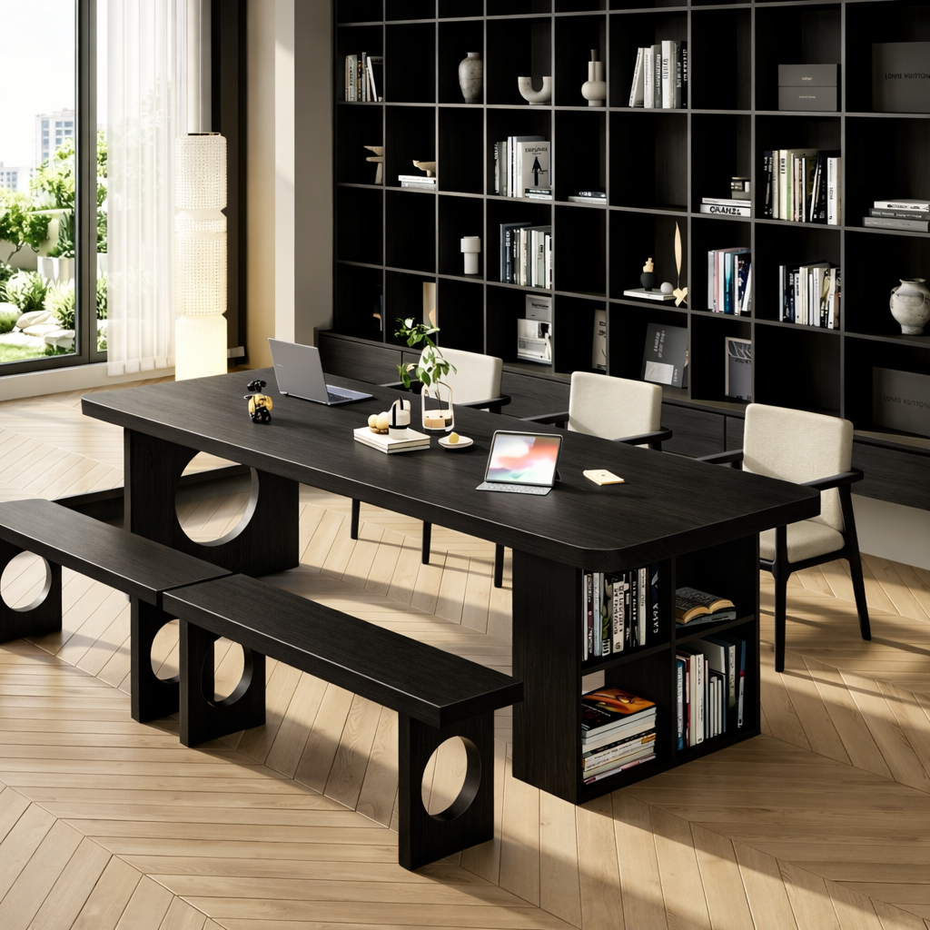 Stylish Work Desk with Open Shelves and Round Accent for Home or Office
