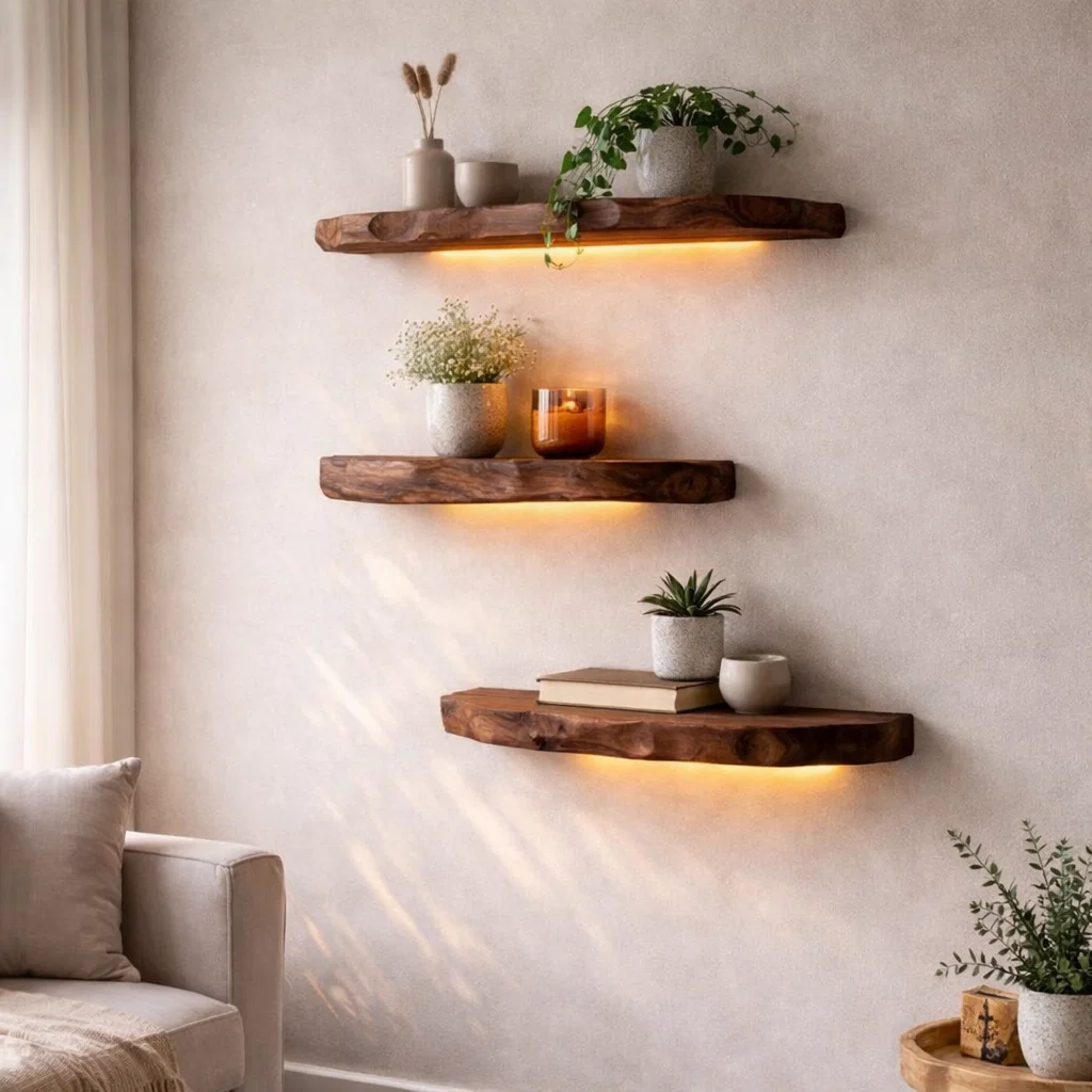Live Edge Floating Wood Shelf - Natural Rustic Solid Wood Wall Decor