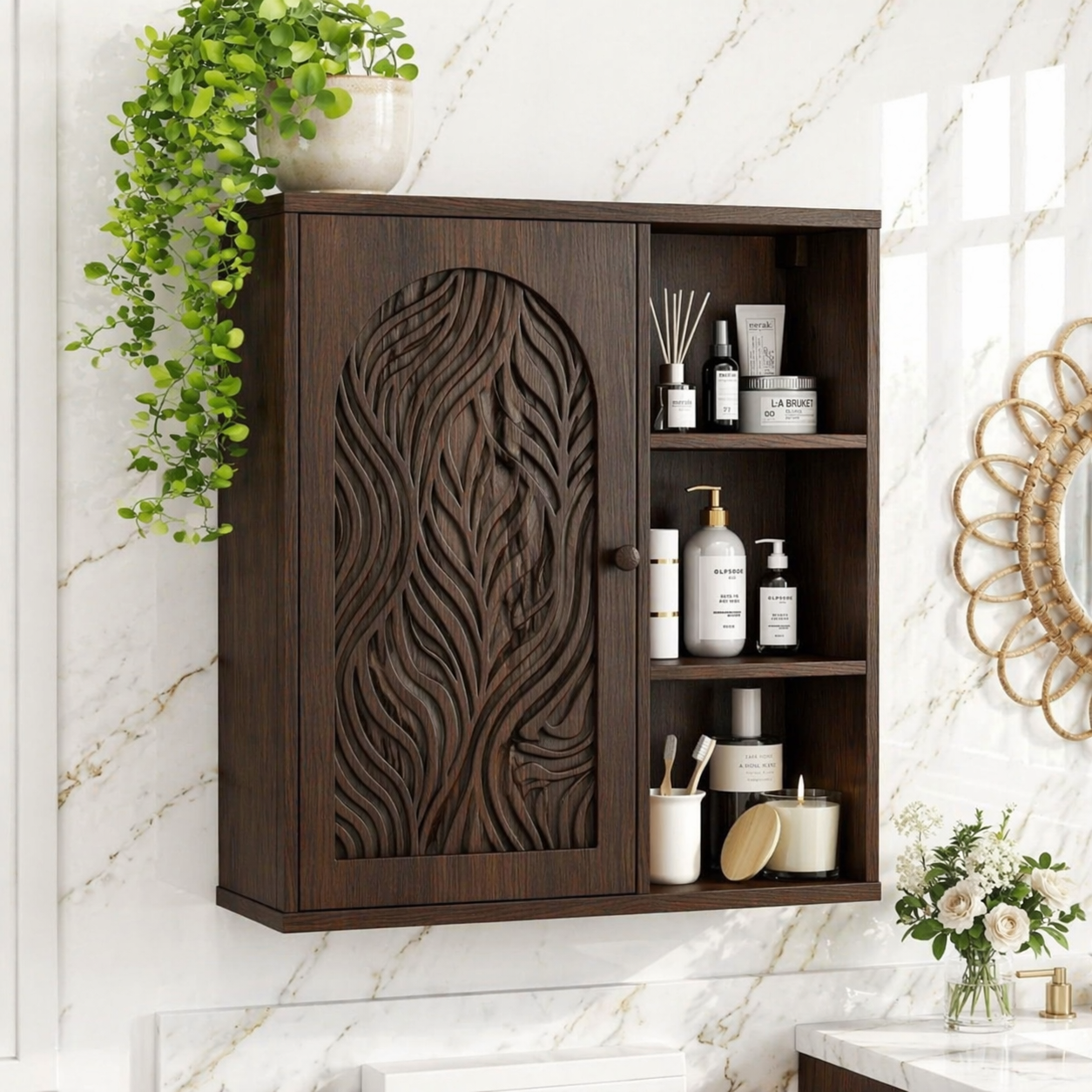 Floating Bathroom Cabinet, Modern Carved Wall Mounted Vanity Storage Organizer Unit