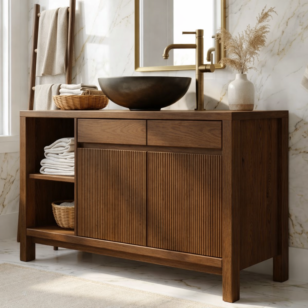 Modern Solid Wood Bathroom Vanity with Fluted Doors and Open Shelf Storage